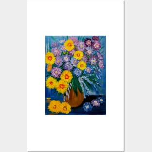 A beautiful bouquet flowers in a glass and gold vase . Using my favorite colors as vibrant background Using Acrylic and metallic paints. Posters and Art